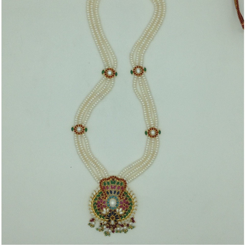 Navratan Ranihaar Set With 3 Line White Pearls Mala JPS0805