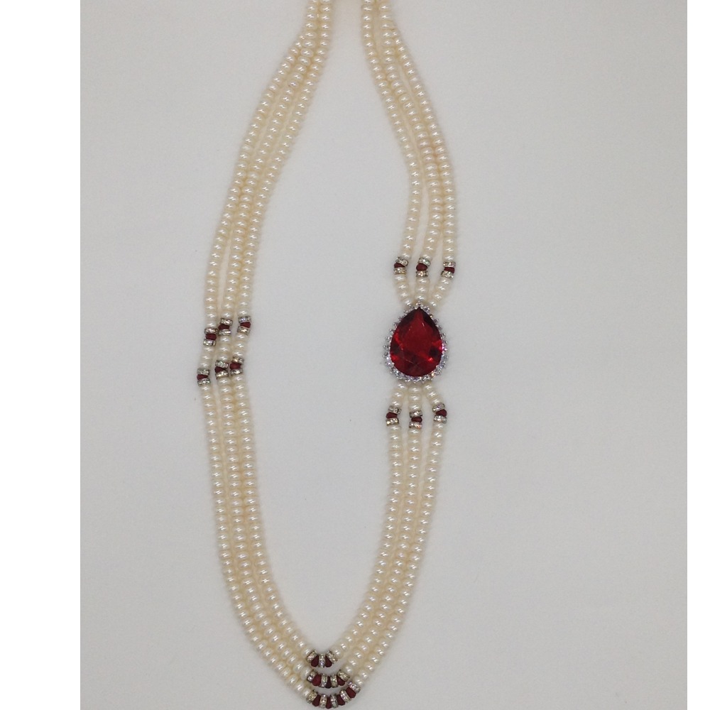 White and red cz broach set with 3 lines flat pearls mala jps0443