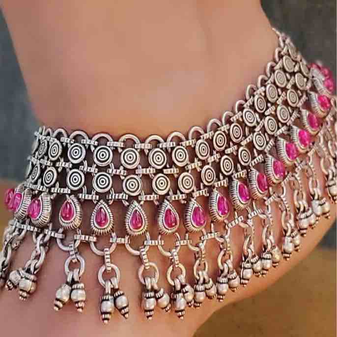 antique 925 silver cut stone studded Payal