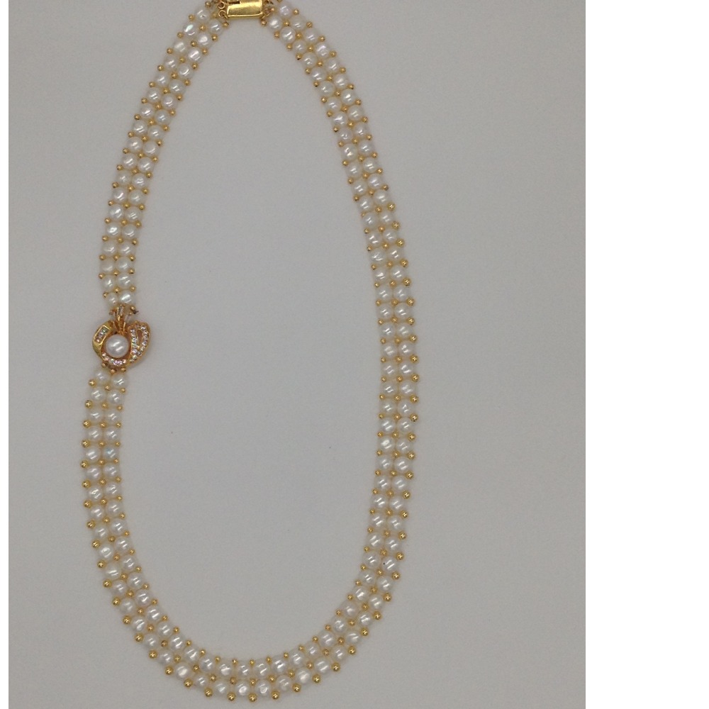 White CZ And Pearl Broach Set With 2 Line Button Jali Pearls Mala JPS0366