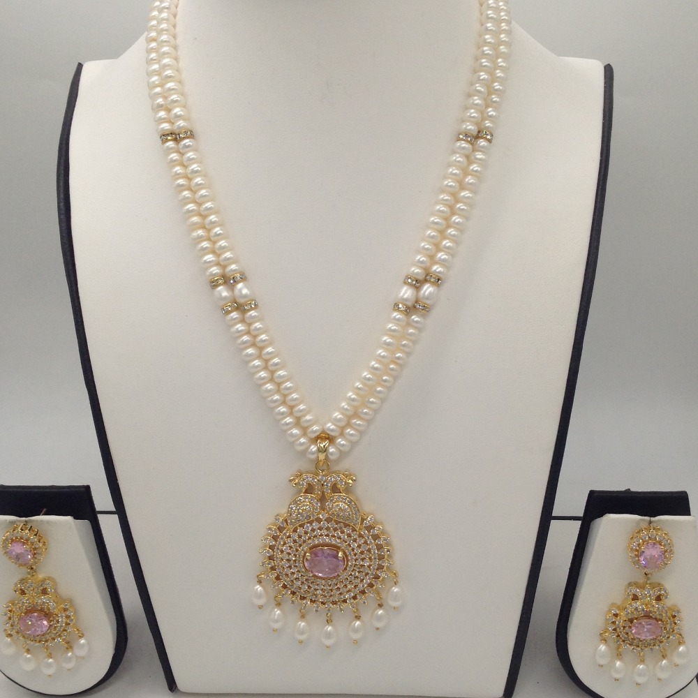 White, pink cz pendent set with 2 line flat pearls mala jps0285