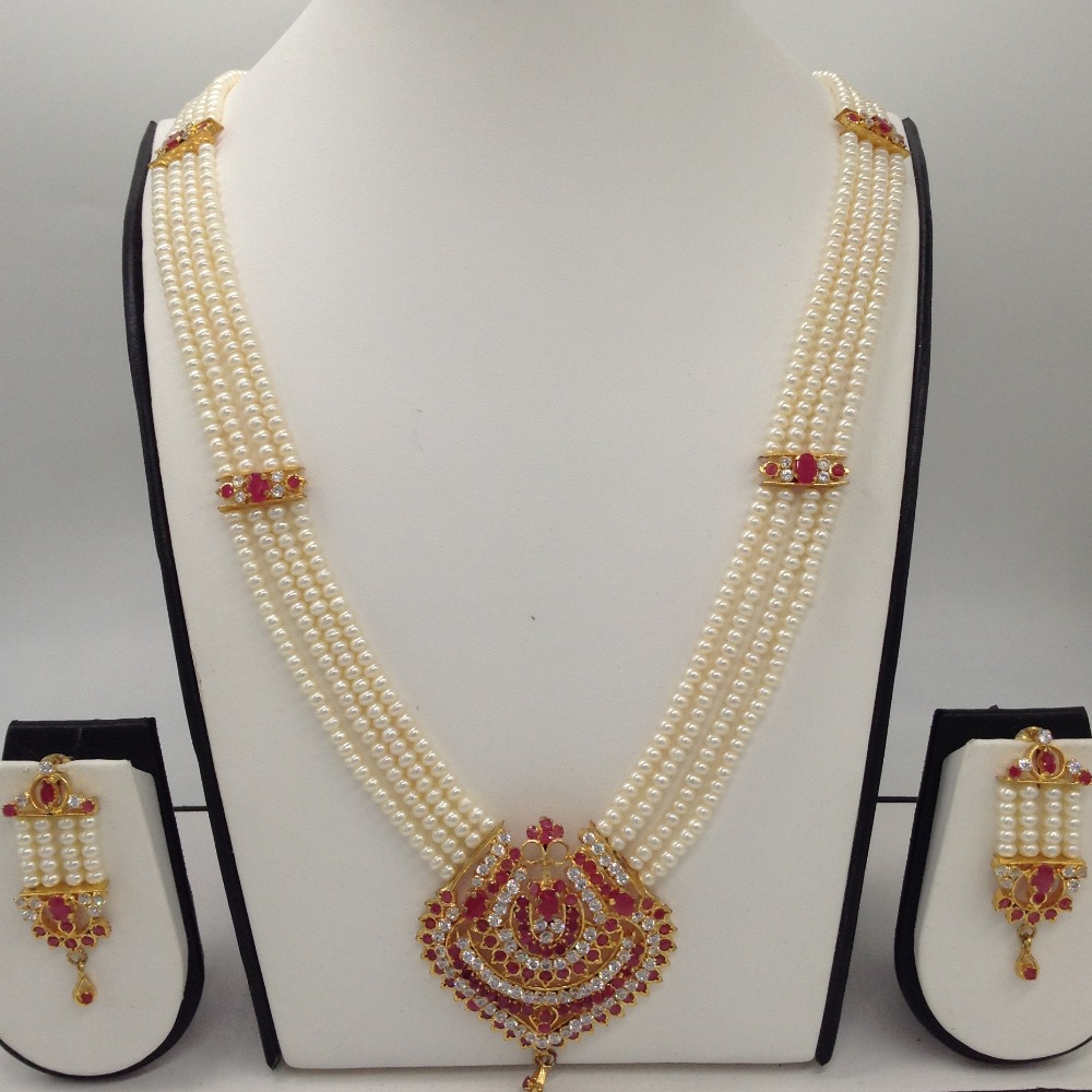 White;red cz ranihaar set with 4 lines flat pearls jps0476