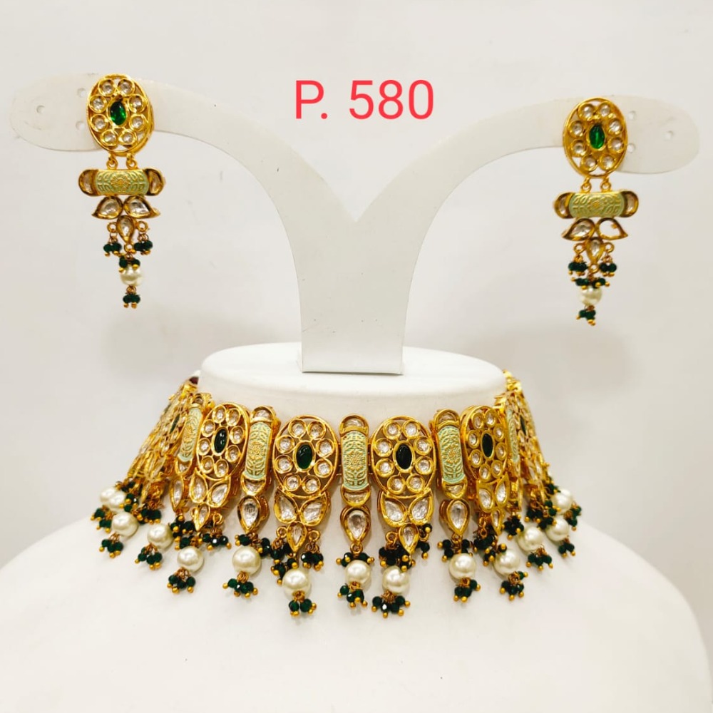 Green pearl beaded mini gold plated kundan choker with antique butti set 1471