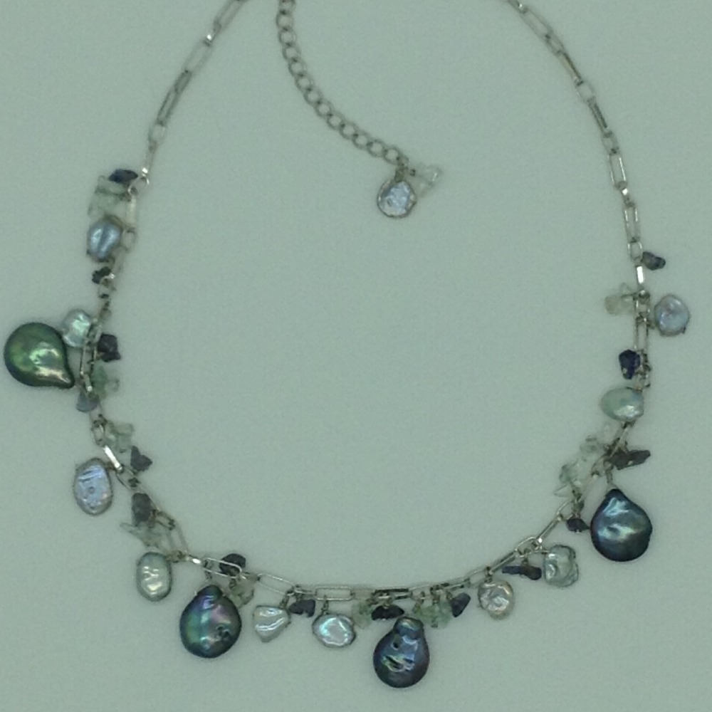 Freshwater grey pearls and aquamarine silver chain set jnc0093