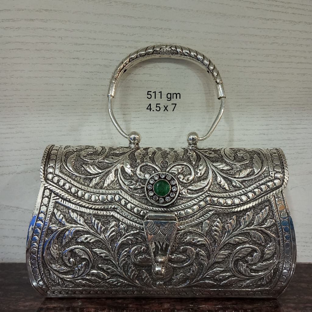 Stylish Pure Silver Purse In floral Carvings With Handle