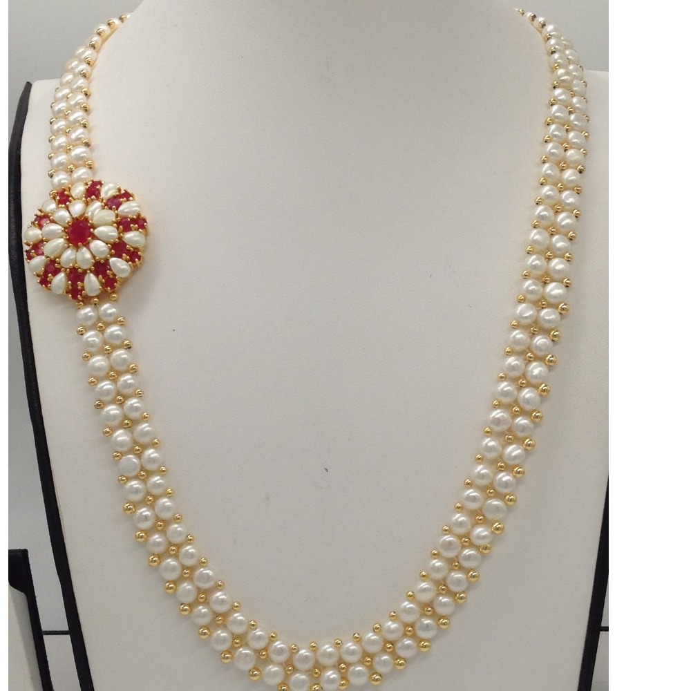 Red CZ And Pearls Broach Set With 2 Line Button Jali Pearls Mala JPS0188
