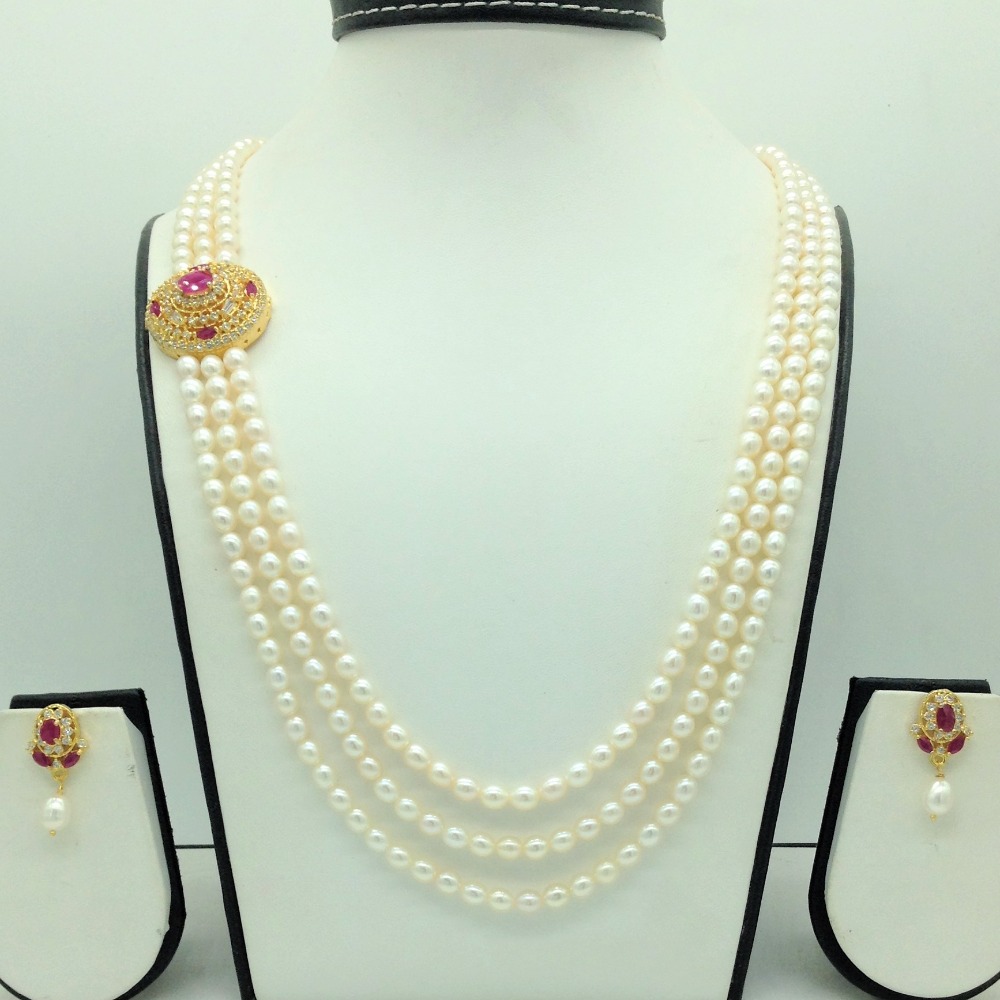 White,Red CZ Brooch Set With 3 Lines Oval Pearls Mala JPS0718