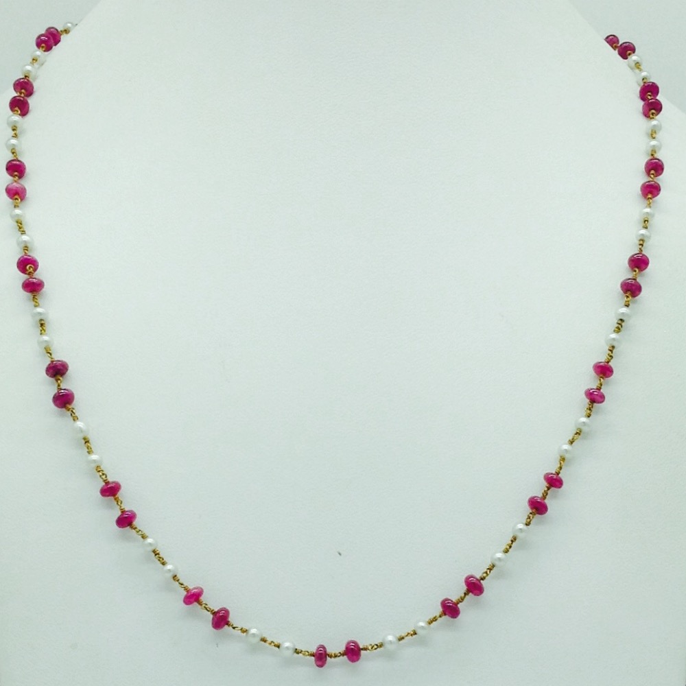 White freshwater round pearls with ruby gold taar mala jgt0012