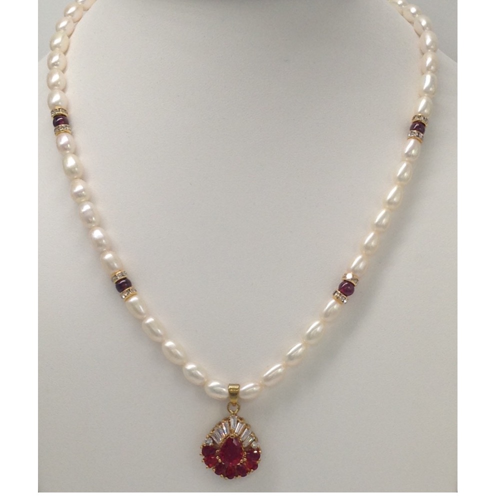 White And Brown CZ Pendent Set With Oval Pearls Mala JPS0065