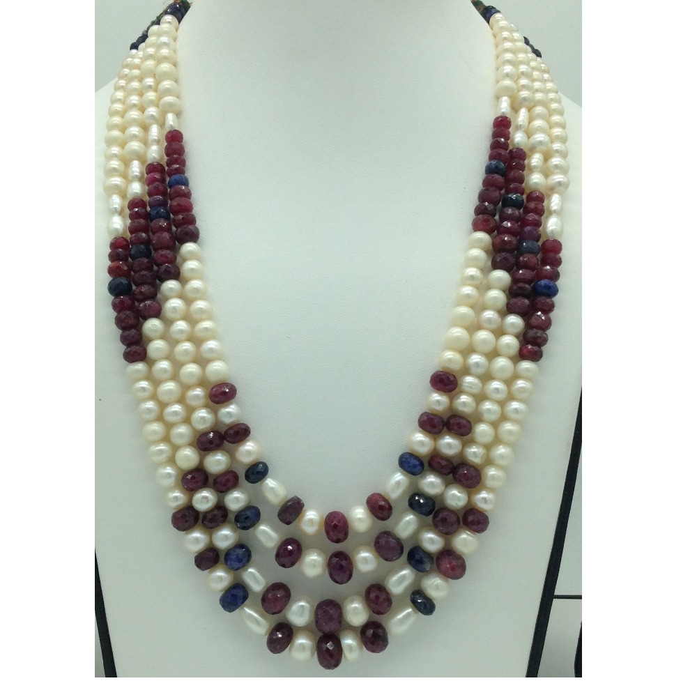 Freshwater white pearls with stones 4 layers necklace jpm0373