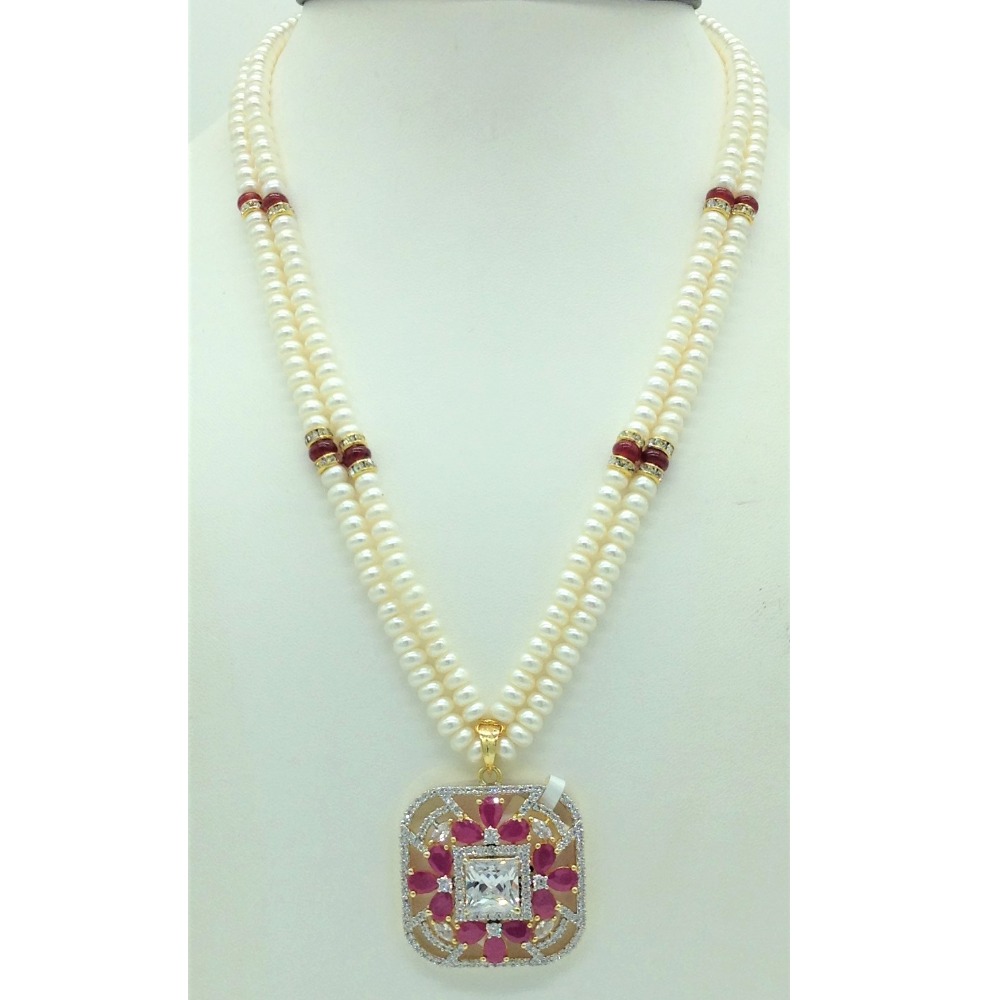 White,red cz pendent set with 2 line flat pearls jps0699