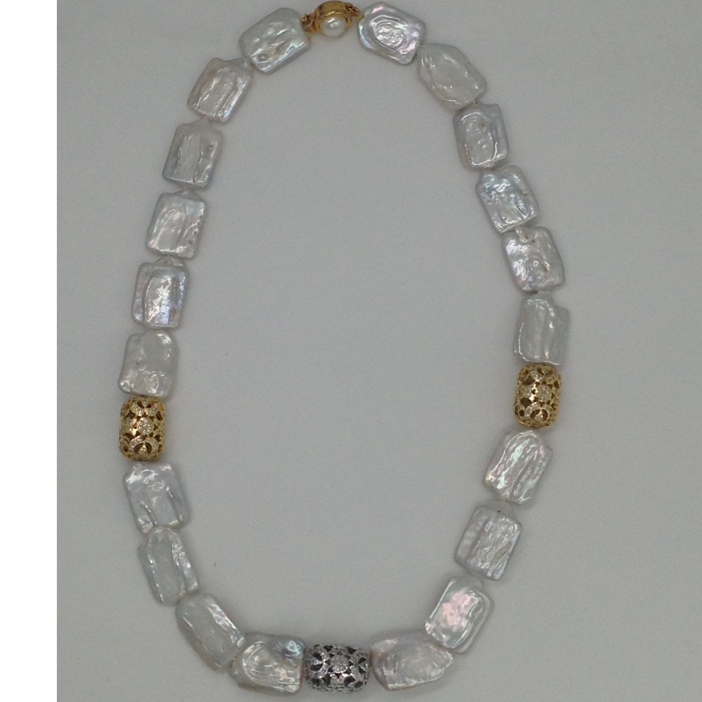 white Square Baroque Pearls Mala With Zircon Balls JPM0210