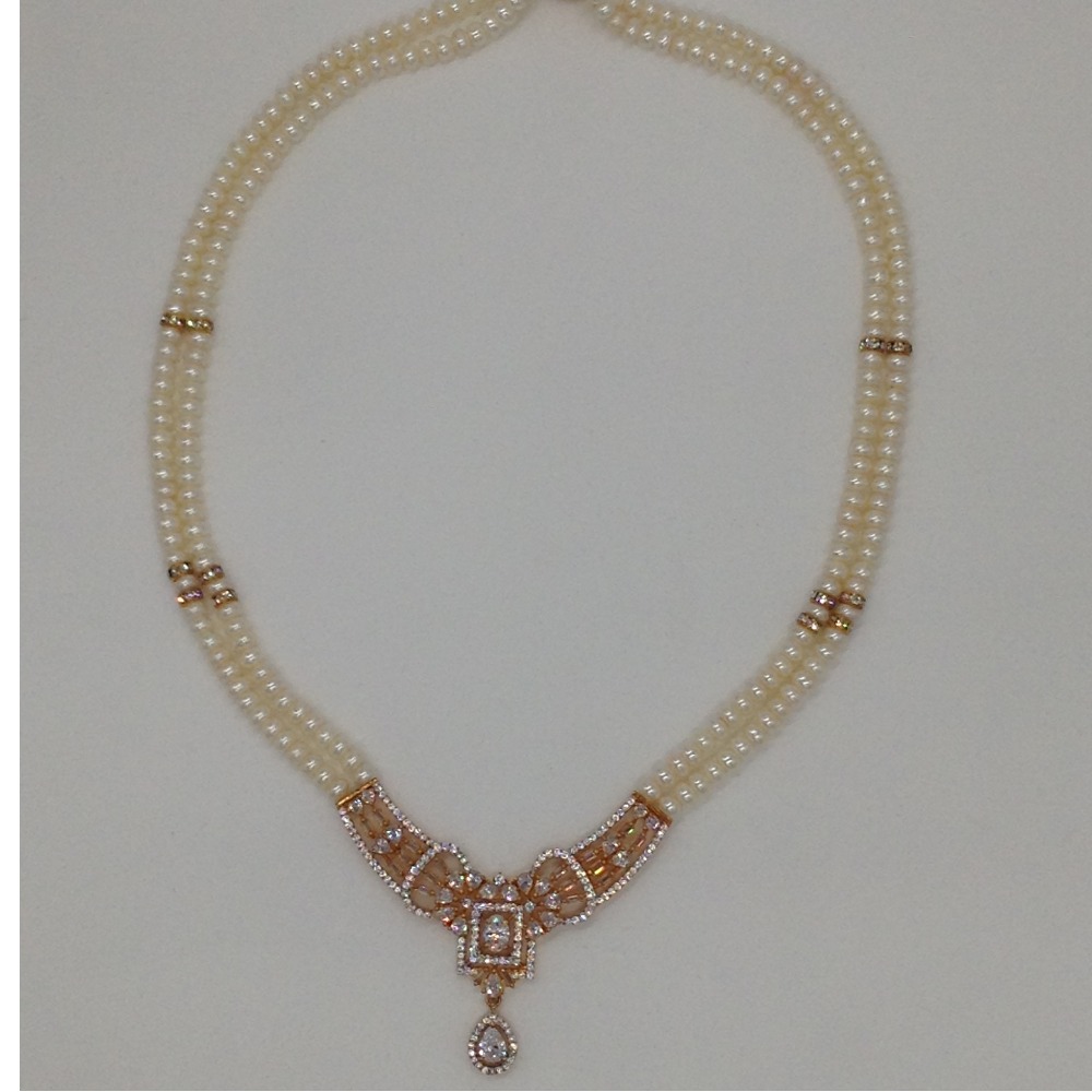 White cz pendent set with 2 line flat pearls mala jps0311