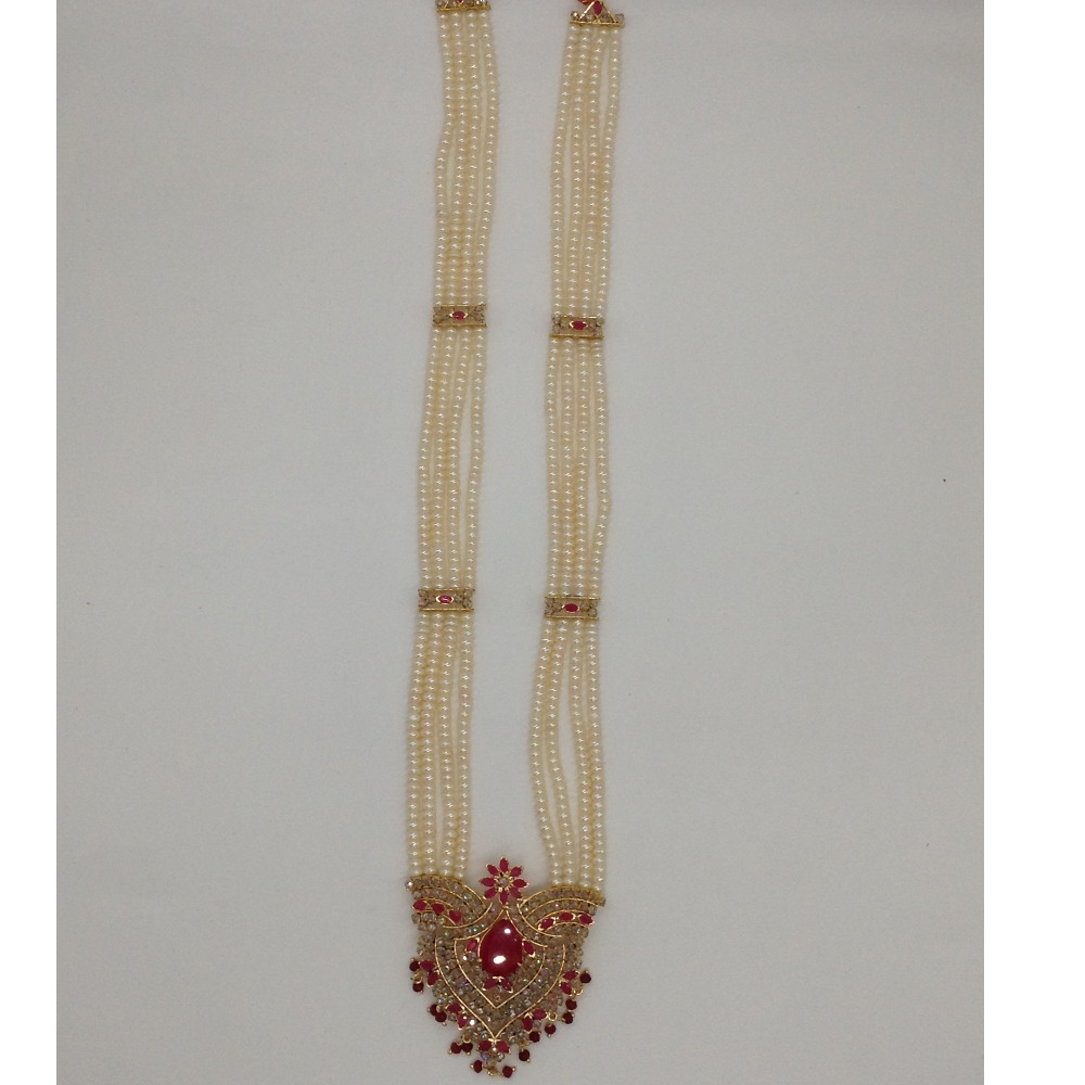 White;red cz rani haar set with 4 lines flat pearls jps0447