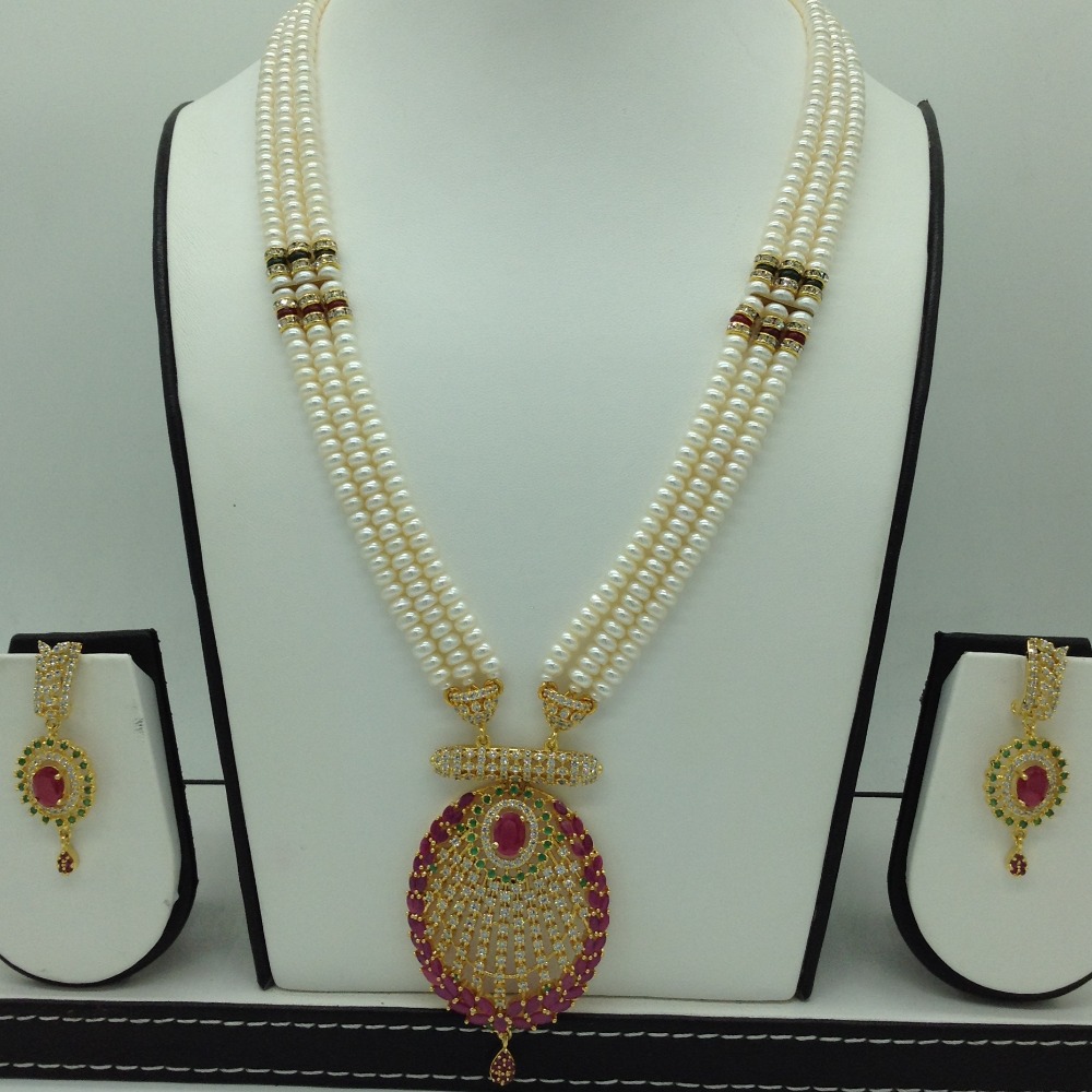 Tricolour cz exclusive pendent set with flat pearls mala jps0594