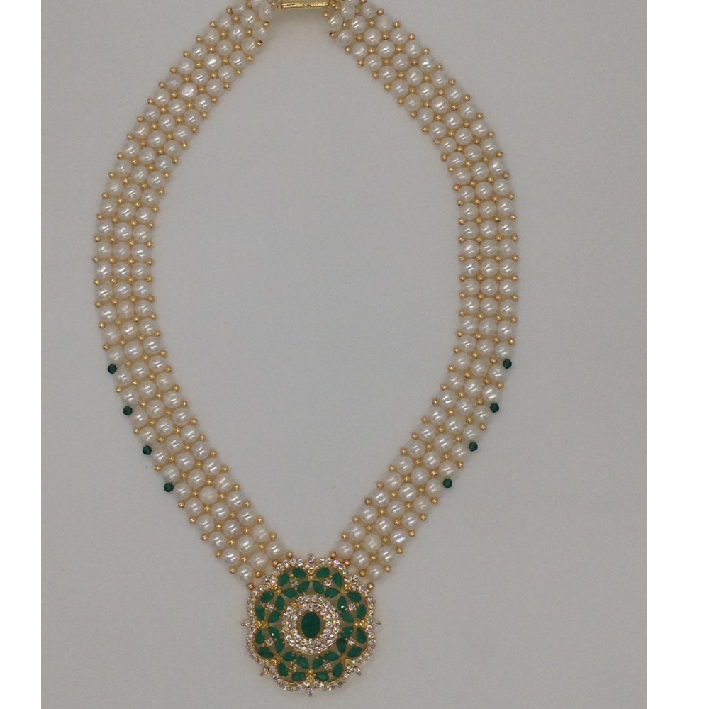 White;green cz pendent set with 3 line button pearls jps0207