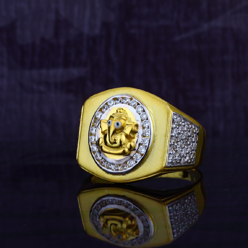 Mens 916 Cz Ganpati Dull Finishing Gold Ring-MGR36