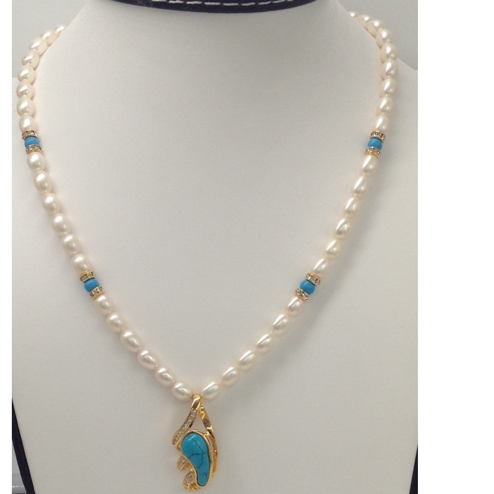 White cz and turquoise pendent set with oval pearls jps0062