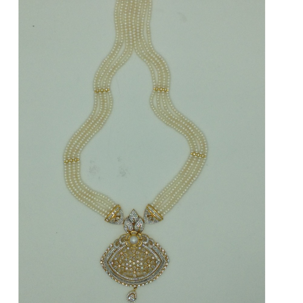White cz and pearls ranihaar set with 4 line flat pearls mala jps0610