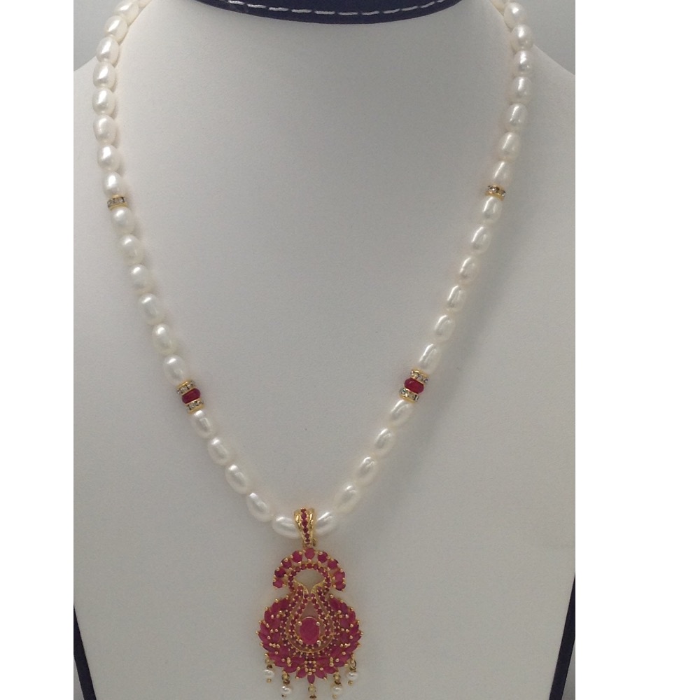Red cz pendent set with oval pearls mala jps0009