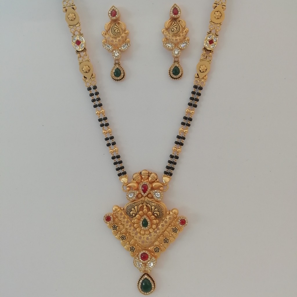 916 gold antique jadtar red and green colour stone long mangalsutra