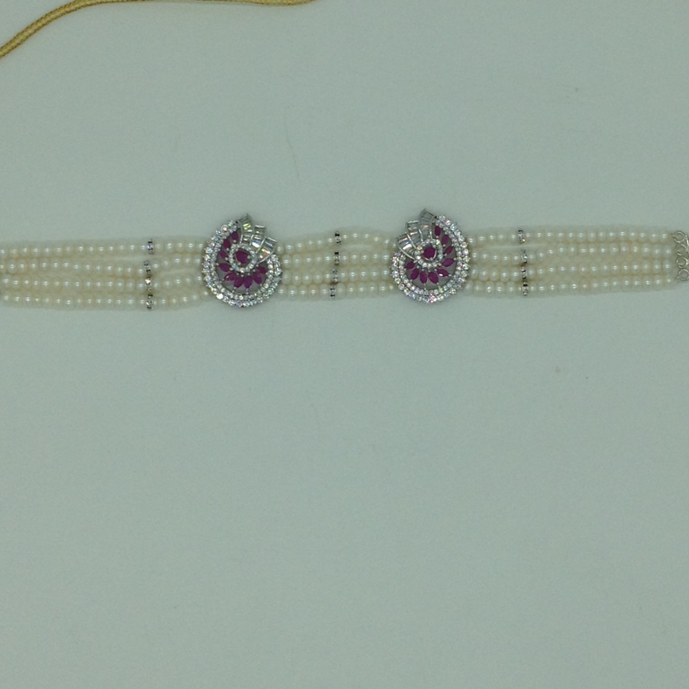 White And Red CZ  Choker Set With 4 Line White Pearls JPS0570