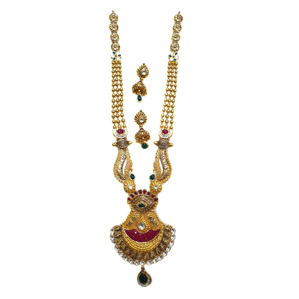 22k Gold Antique Rajwadi Necklace With Earrings MGA - GLS072