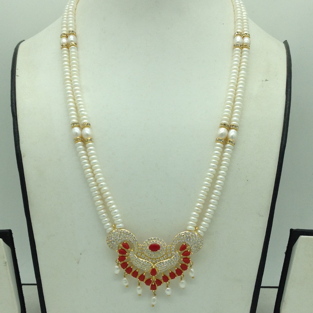 White Cz and Corals Pendent Set With 2 Line White Pearls Mala JPS0817