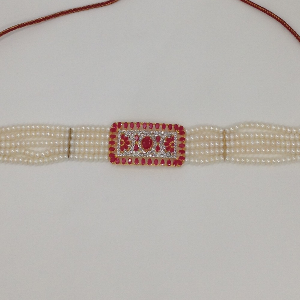White And Red CZ Choker Set With 4 Line Flat Pearls Mala JPS0527