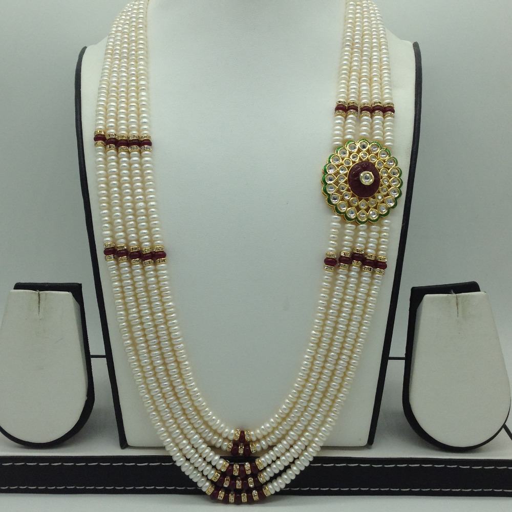 White,red cz broach set with 5 line pearls mala jps0786
