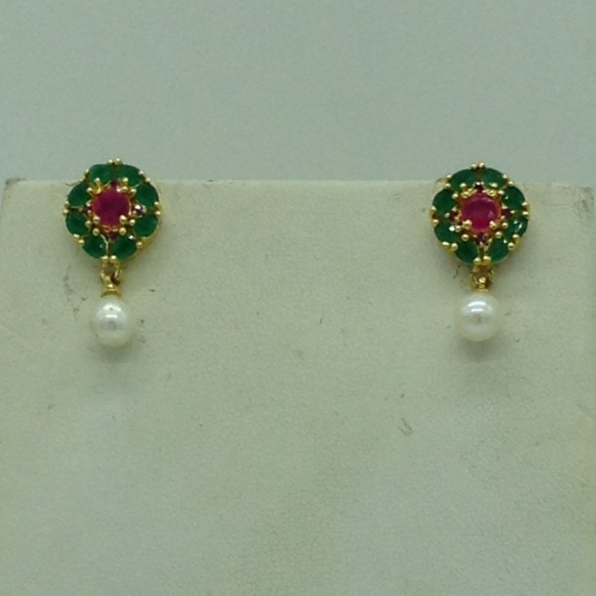 Red And Green CZ Broach Set With 3 Line Flat Pearls Mala JPS0658