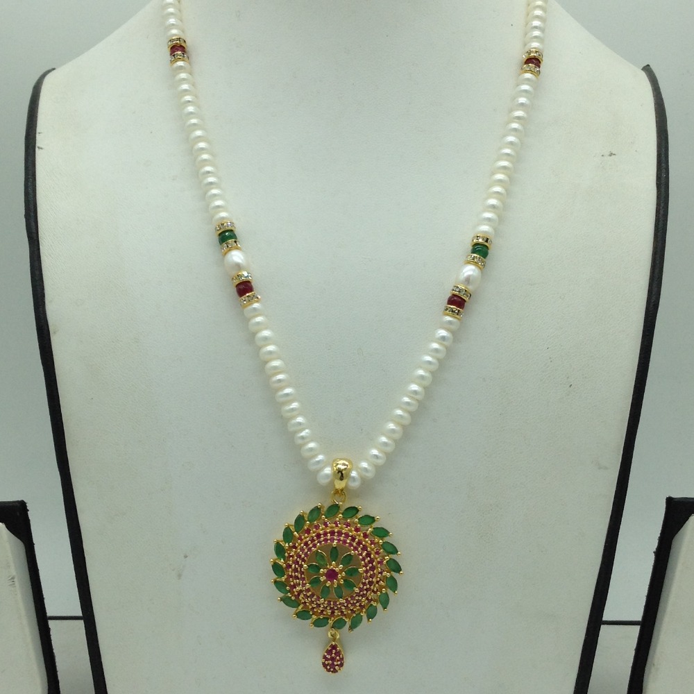 Red,Green Cz Pendent Set With 1 Line White Pearls Mala JPS0822