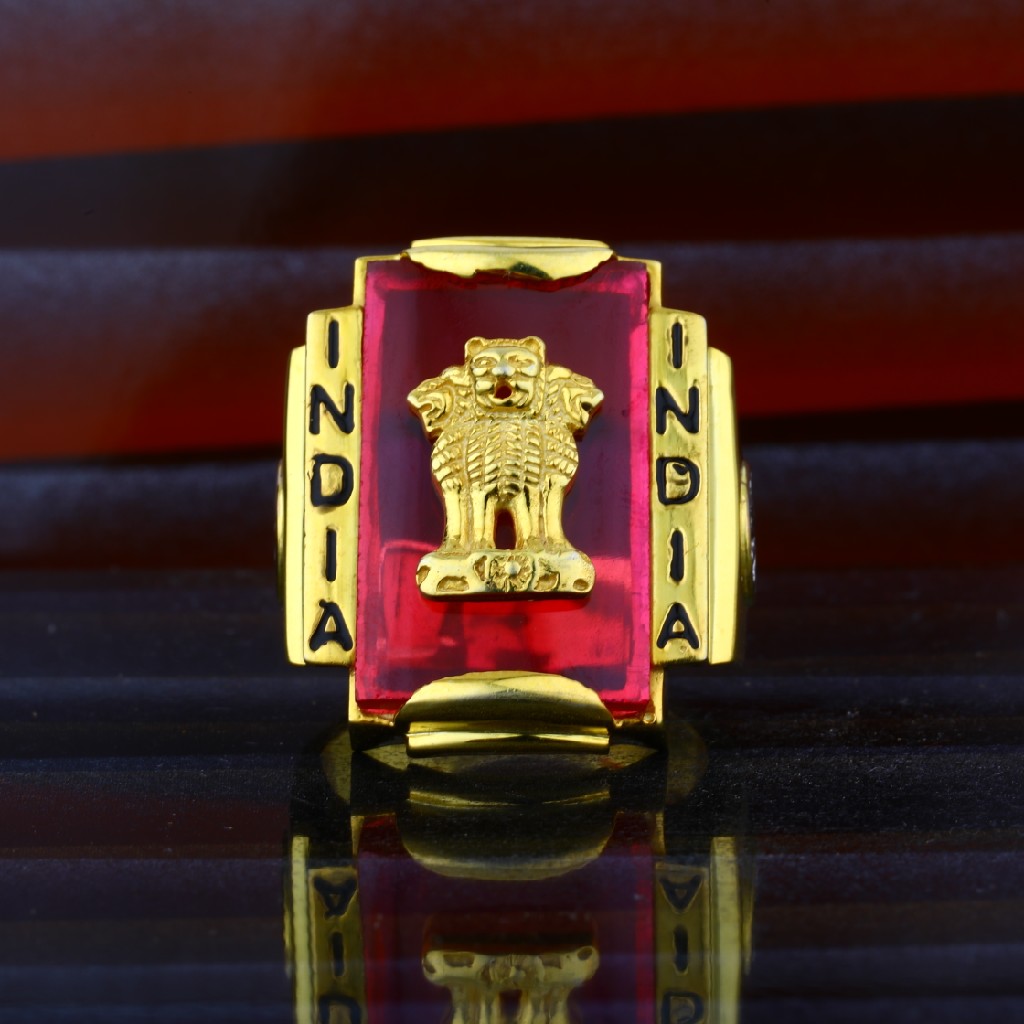 Mens India Exclusive Ashok Stambh Gold Fancy Red Stone Ring-MHR43