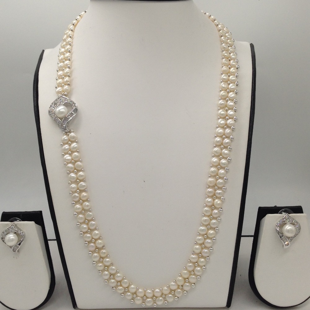 White CZ And Pearls Broach Set With 2 Line Button Jali Pearls Mala JPS0197