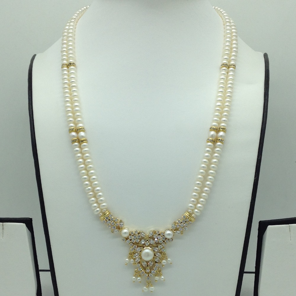 White Cz Pendent Set With 2 Line Flat Pearls Mala JPS0748