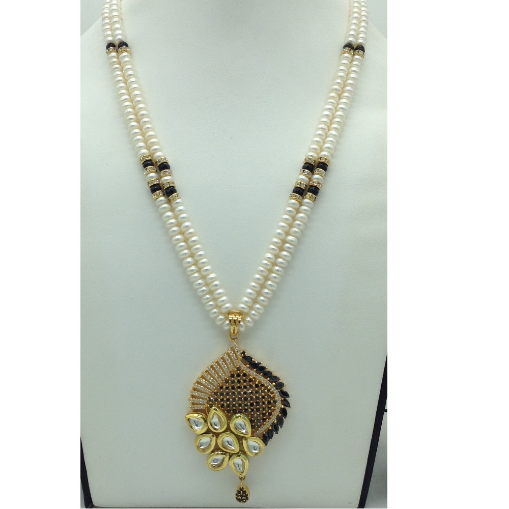 White and Black Cz Pendent Set With 2 Line White Pearls Mala JPS0810