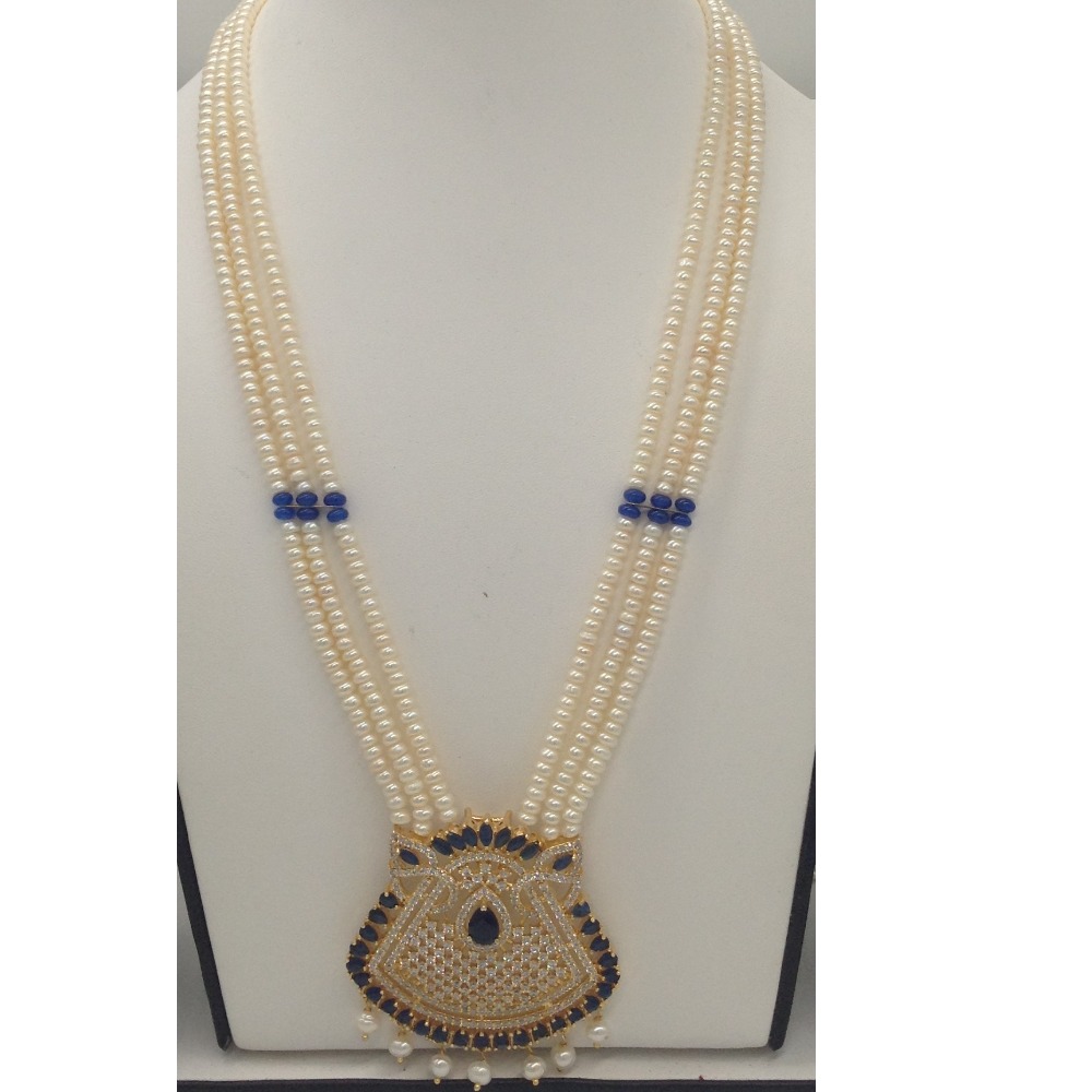 White, blue cz pendent set with 3 line flat pearls mala jps0424