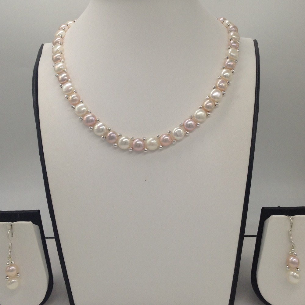 Freshwater White and Pink Button Pearls 1 Lines Necklace set JPP1022