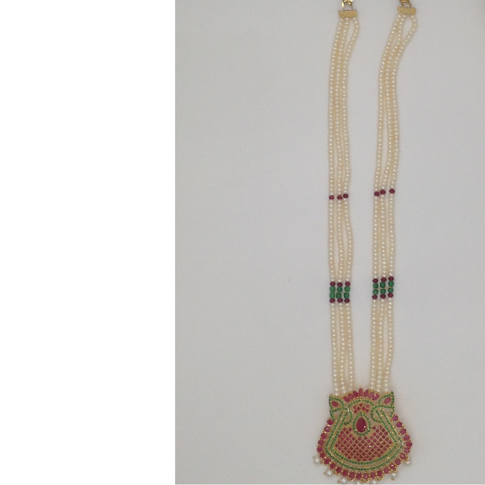 Red, green cz pendent set with 3 line seed pearls mala jps0417