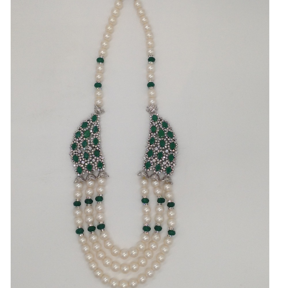 White cz ;green onyx brooch set with 3 lines round pearls jps0503