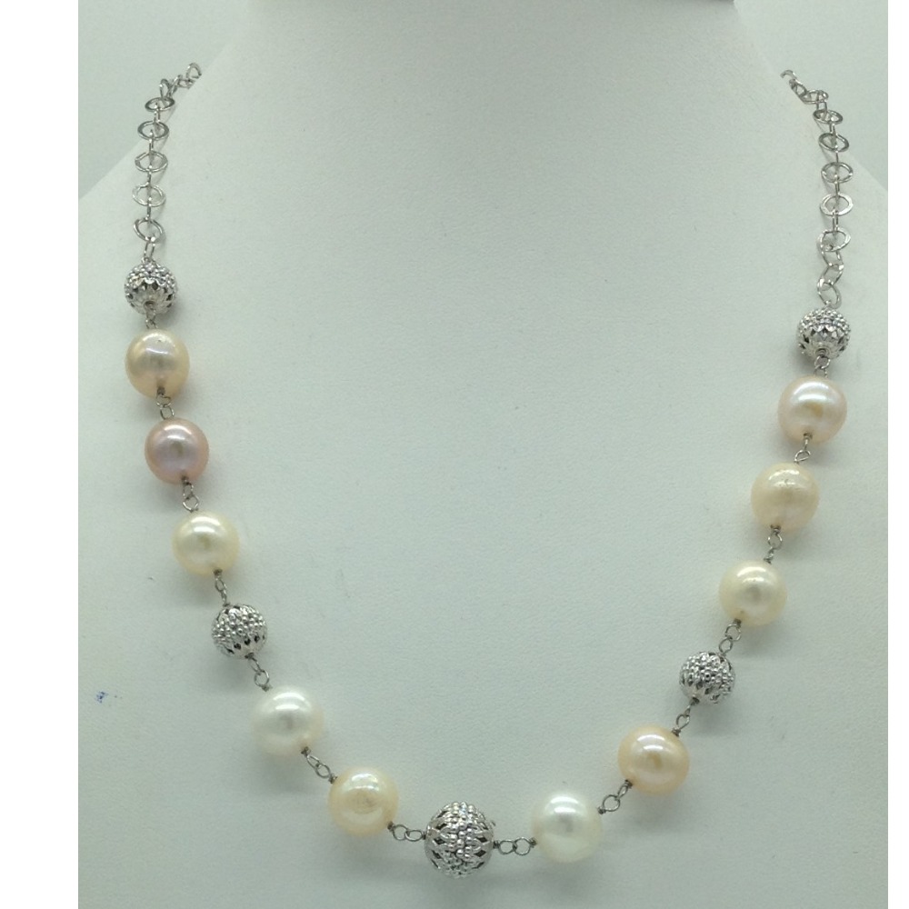 Freshwater pink pearls silver chain set jnc0078