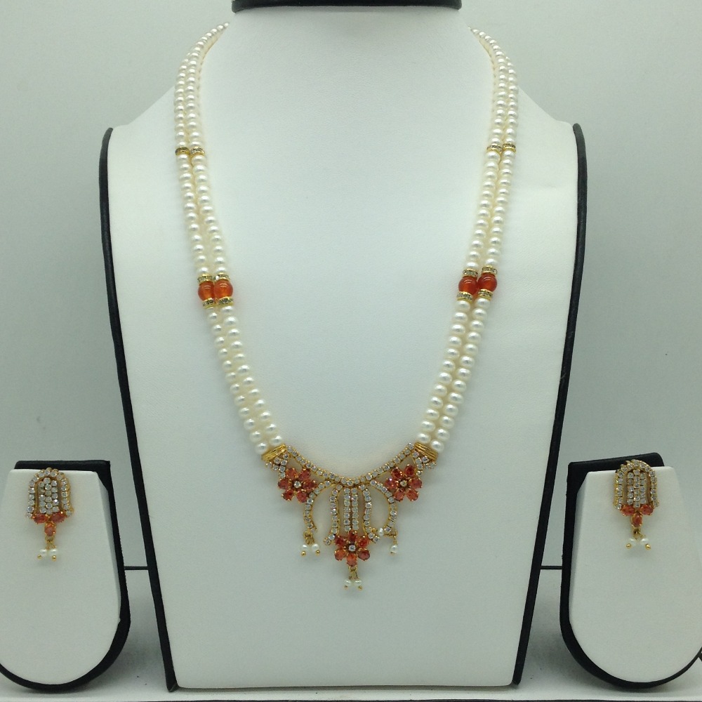 White, Orange Cz Pendent Set With 2 Line Flat Pearls Mala JPS0747