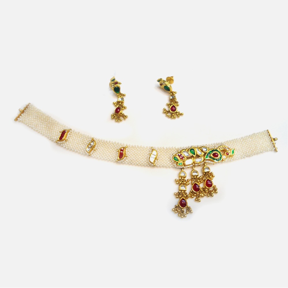916 Gold Antique Moti Work Bridal Necklace Set RHJ-4761
