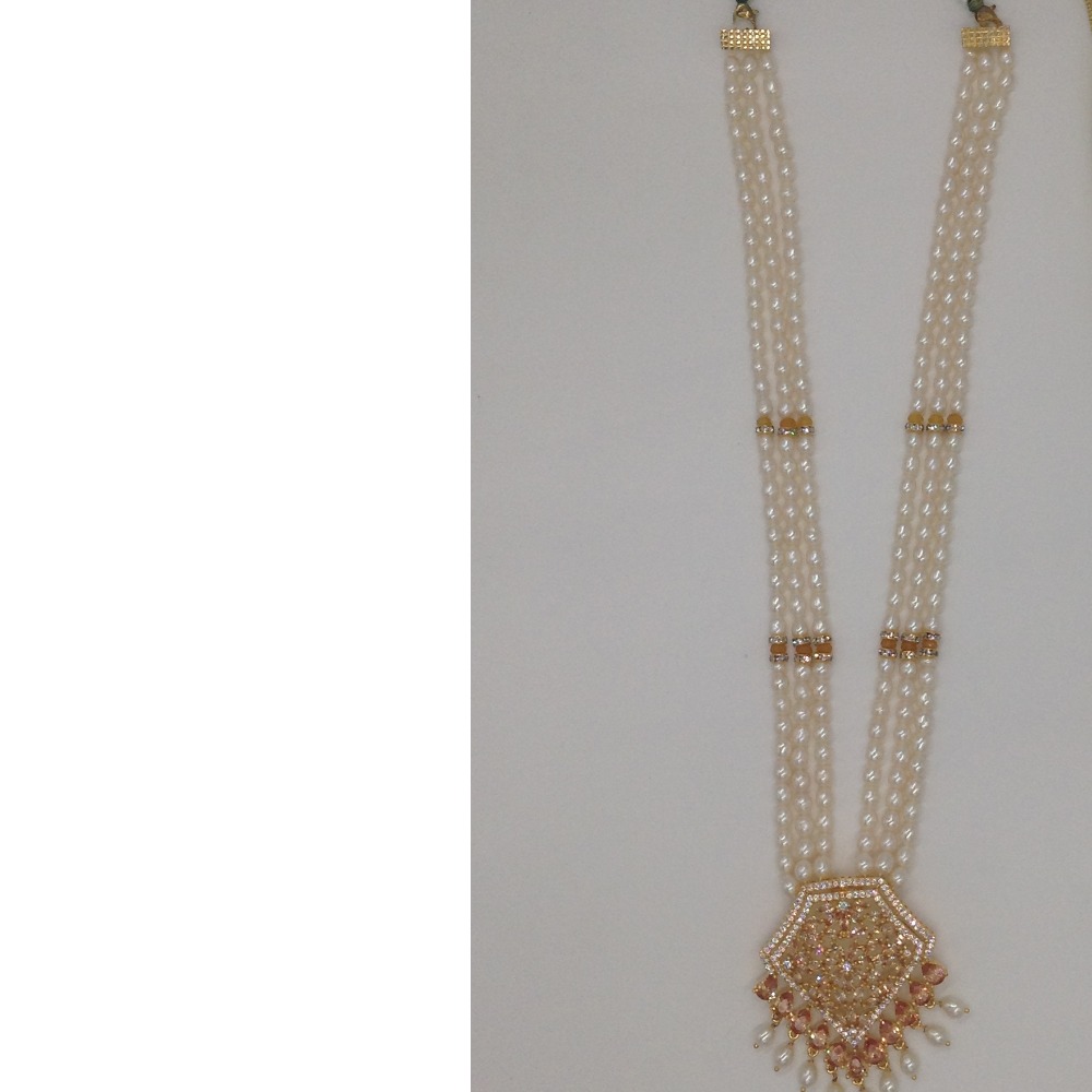 White, Golden CZ Pendent Set With 3 Line Oval Pearls JPS0422