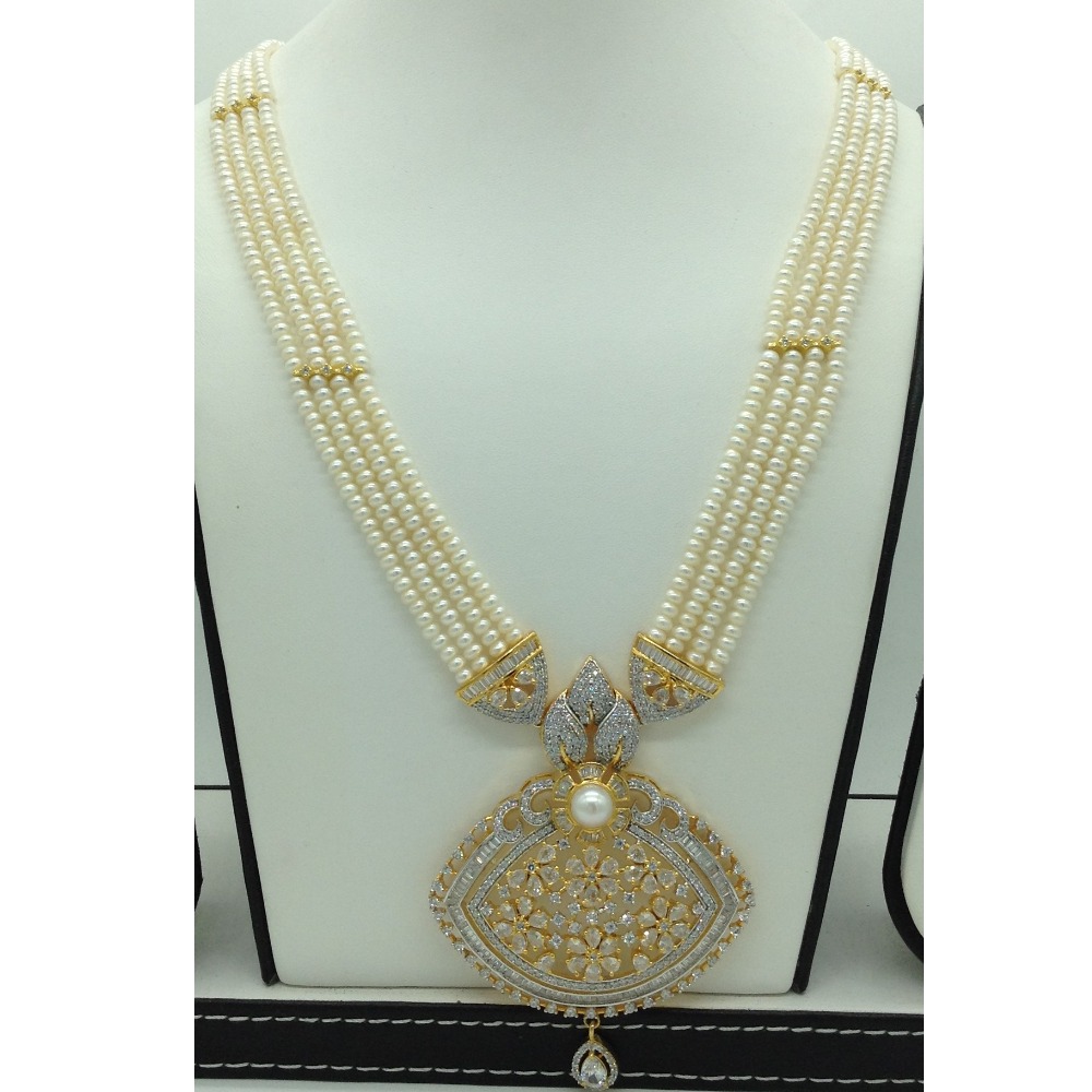 White cz and pearls ranihaar set with 4 line flat pearls mala jps0610