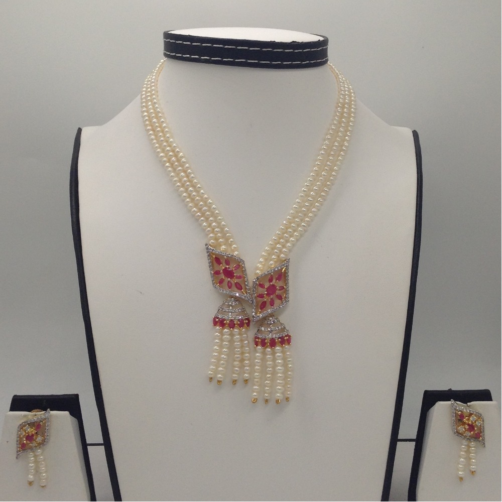 White;red cz pendent set with 3 line flat pearls jps0352