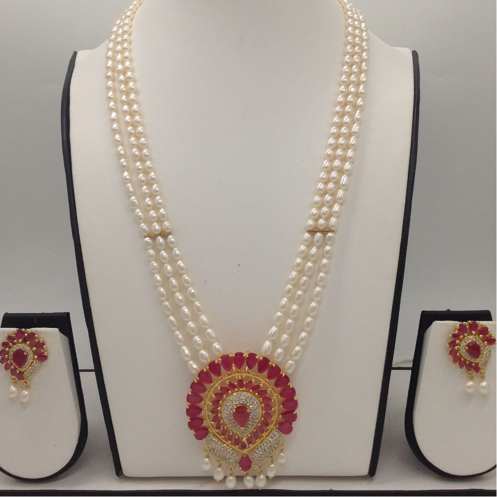 Red,White CZ pendent set with 3 line oval pearls mala jps0416