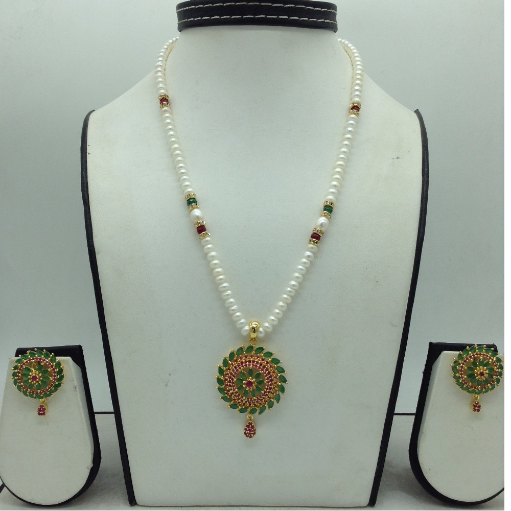 Red,Green Cz Pendent Set With 1 Line White Pearls Mala JPS0822