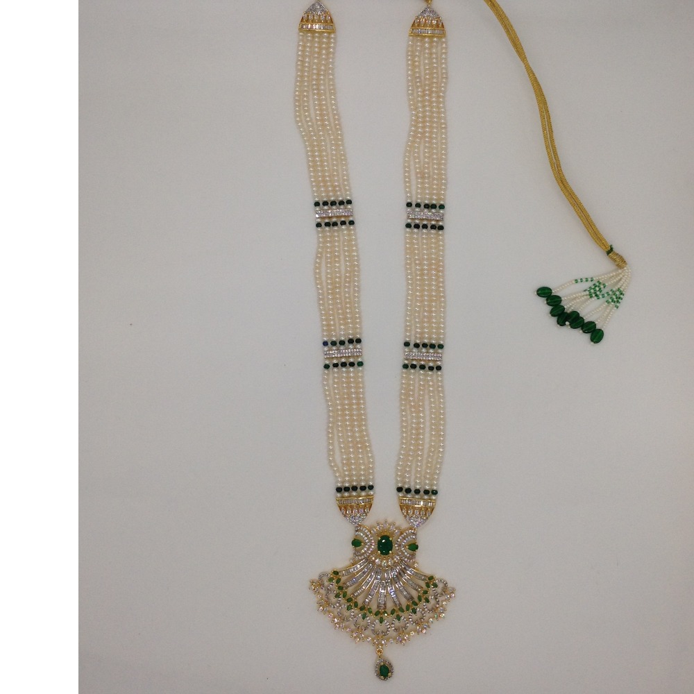 White and green cz rani haar set with 5 lines flat pearls mala jps0435