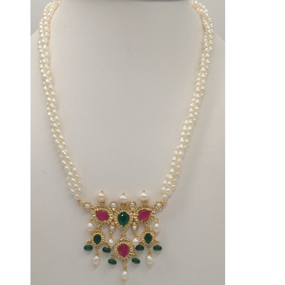 Green, red cz timmaniya set with 3 line rice pearls jps0433